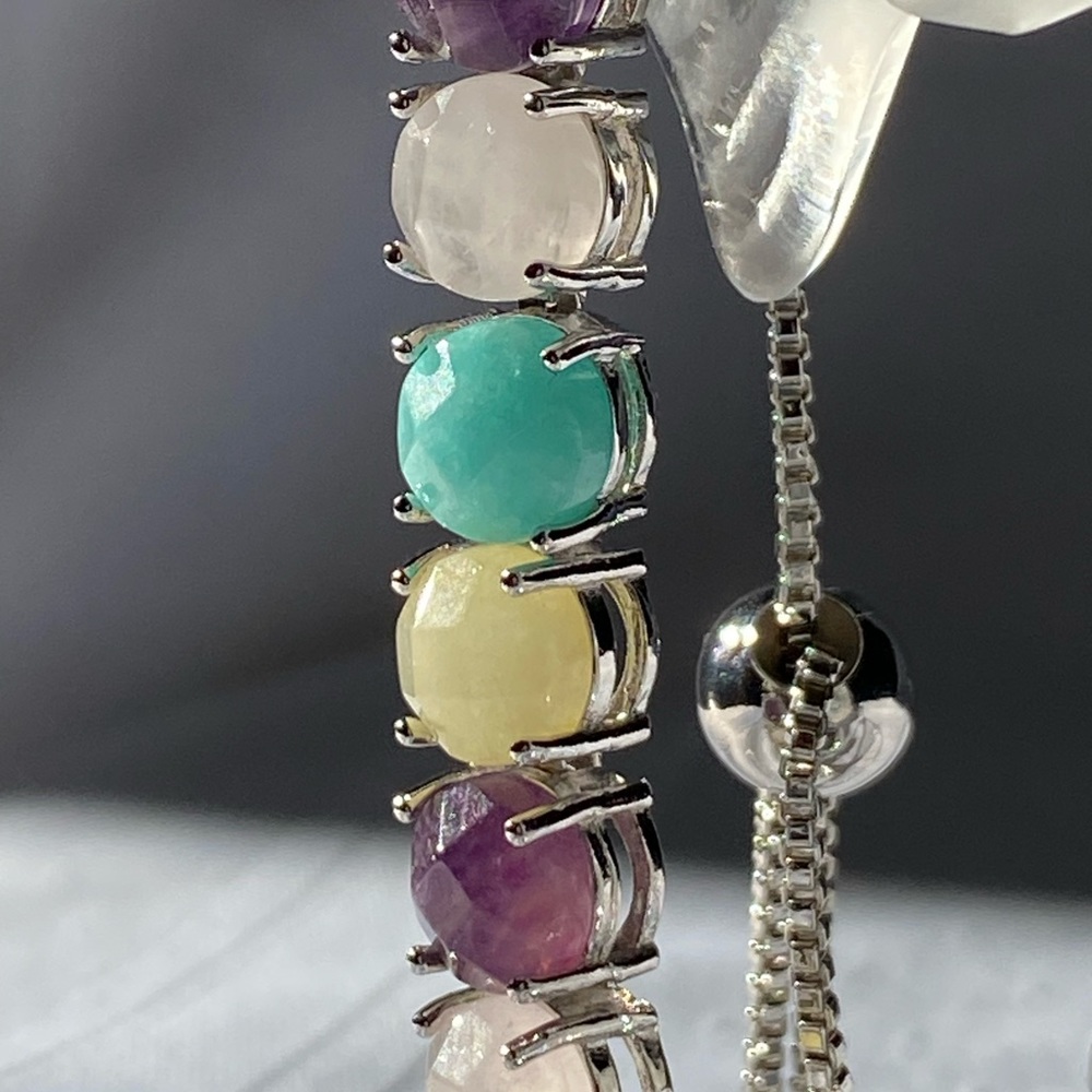 Multi Gemstone Slider Adjustable Silver Tone Brac… - image 5